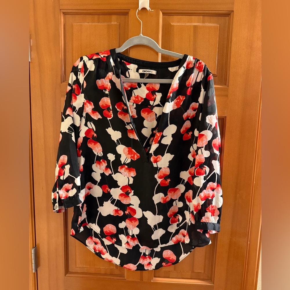 NWOT DKNY Black and Red Floral Blouse